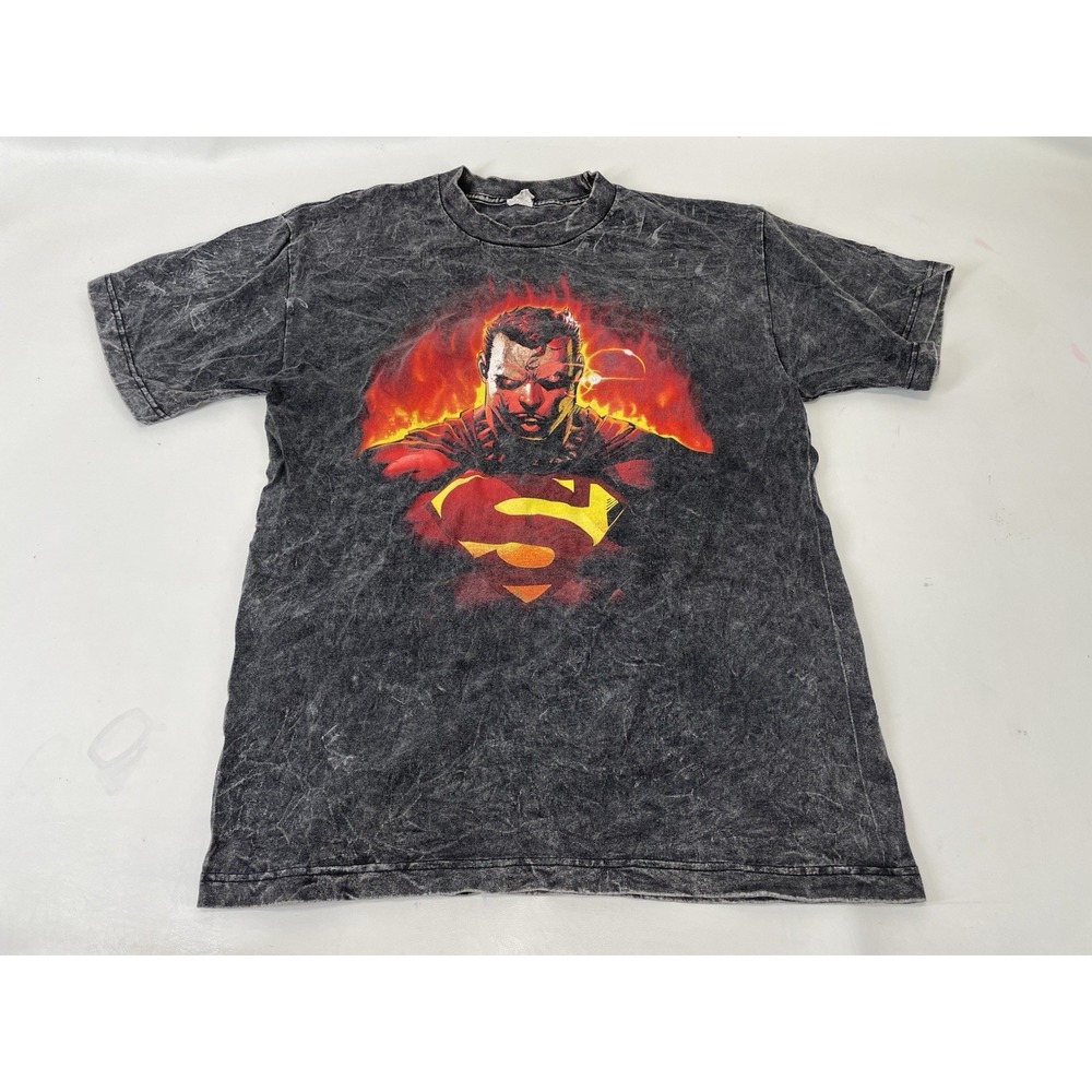 Superman On Fire Stone Washed Alstyle Graphic T Shirt Mens Size L Black
